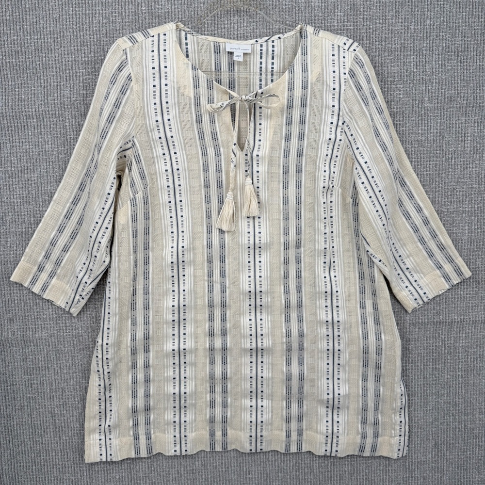 Pure Jill Elements Striped Tunic Top Sz S Tie Neck 3/4 Sleeve Boho Beige Coastal